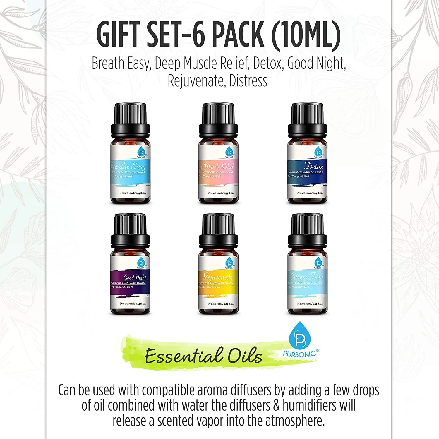 Pursonic 6 Pack Pure Essential Aromatherapy Oils Blends - Image 7