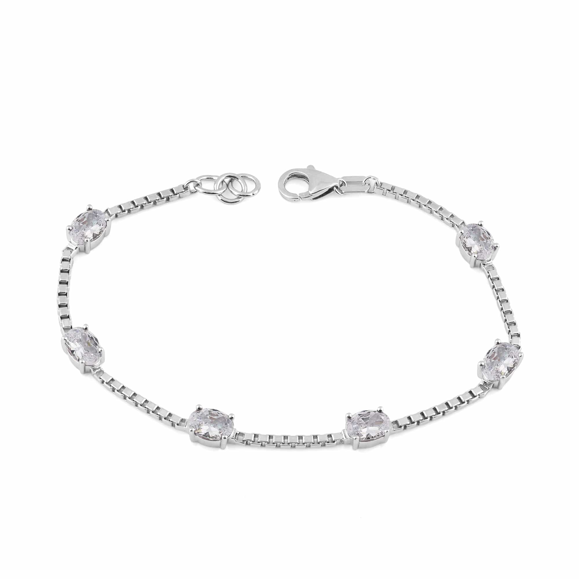 Birthstone Bracelet in Sterling Silver, Oval Cut 5*7mm, 7 Inches with an Extender, 12 Gemstone Options, Gift Box Included - April, White Zircon