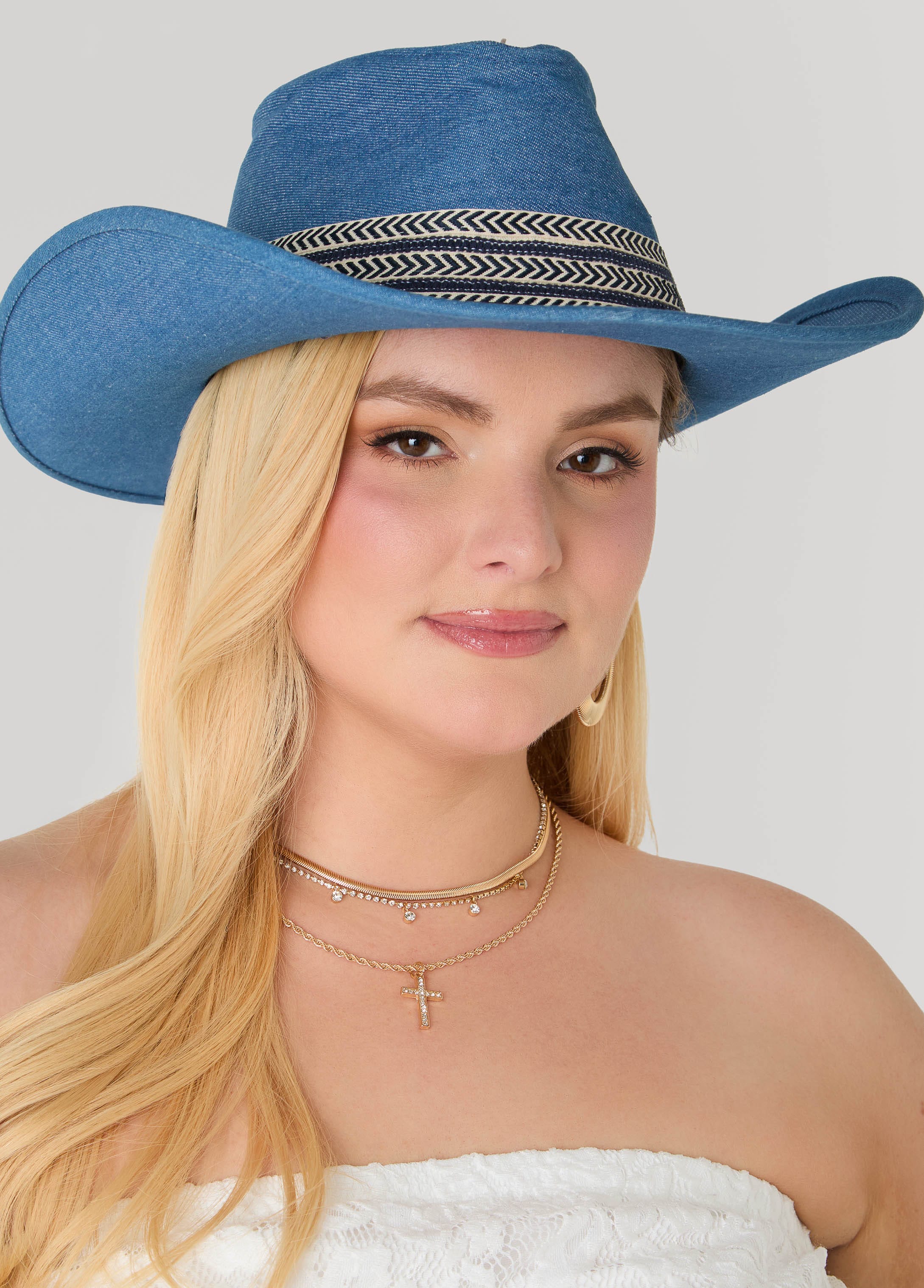 Chevron Trimmed Denim Cowboy Hat - Image 2