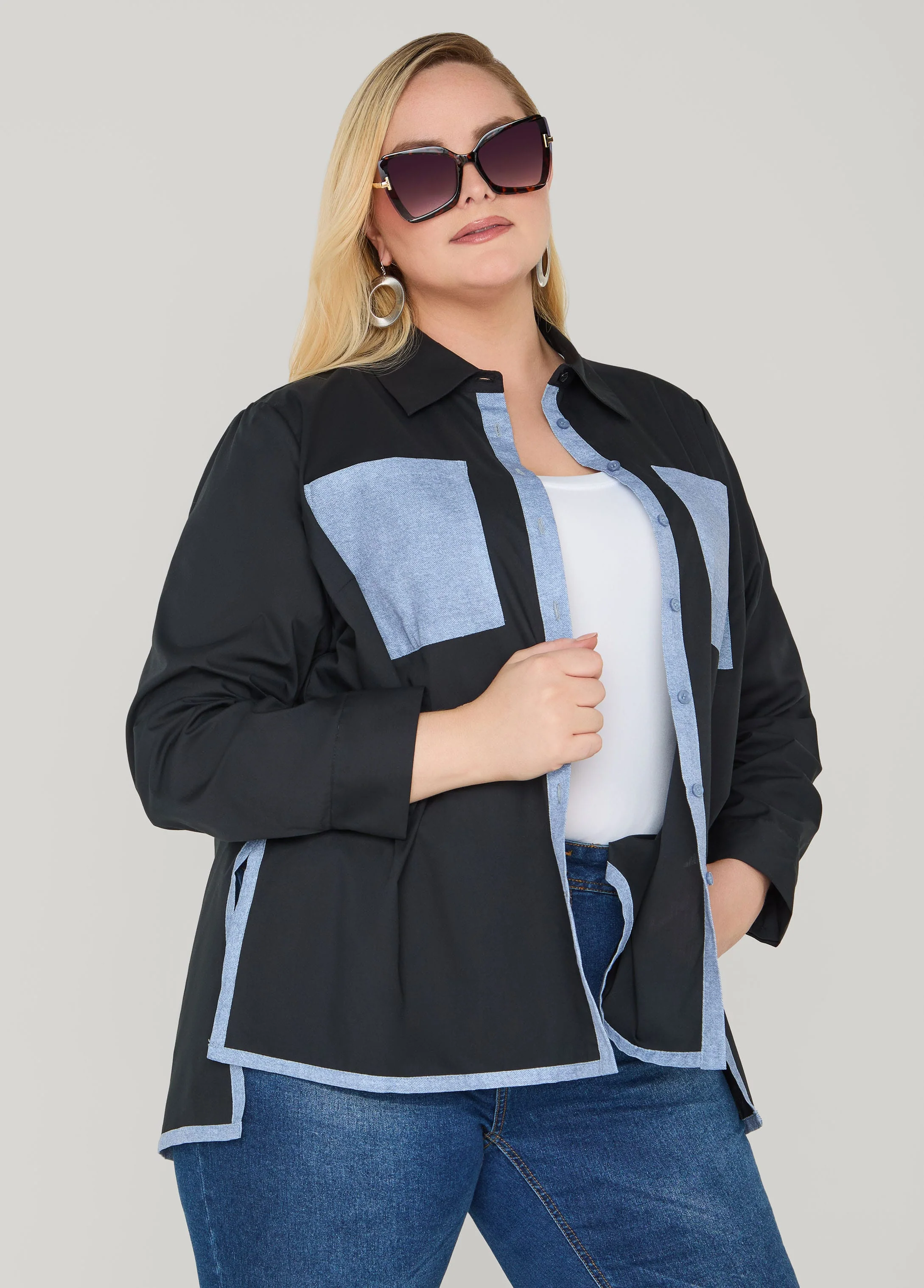 Denim Print Paneled Hi Low Shirt