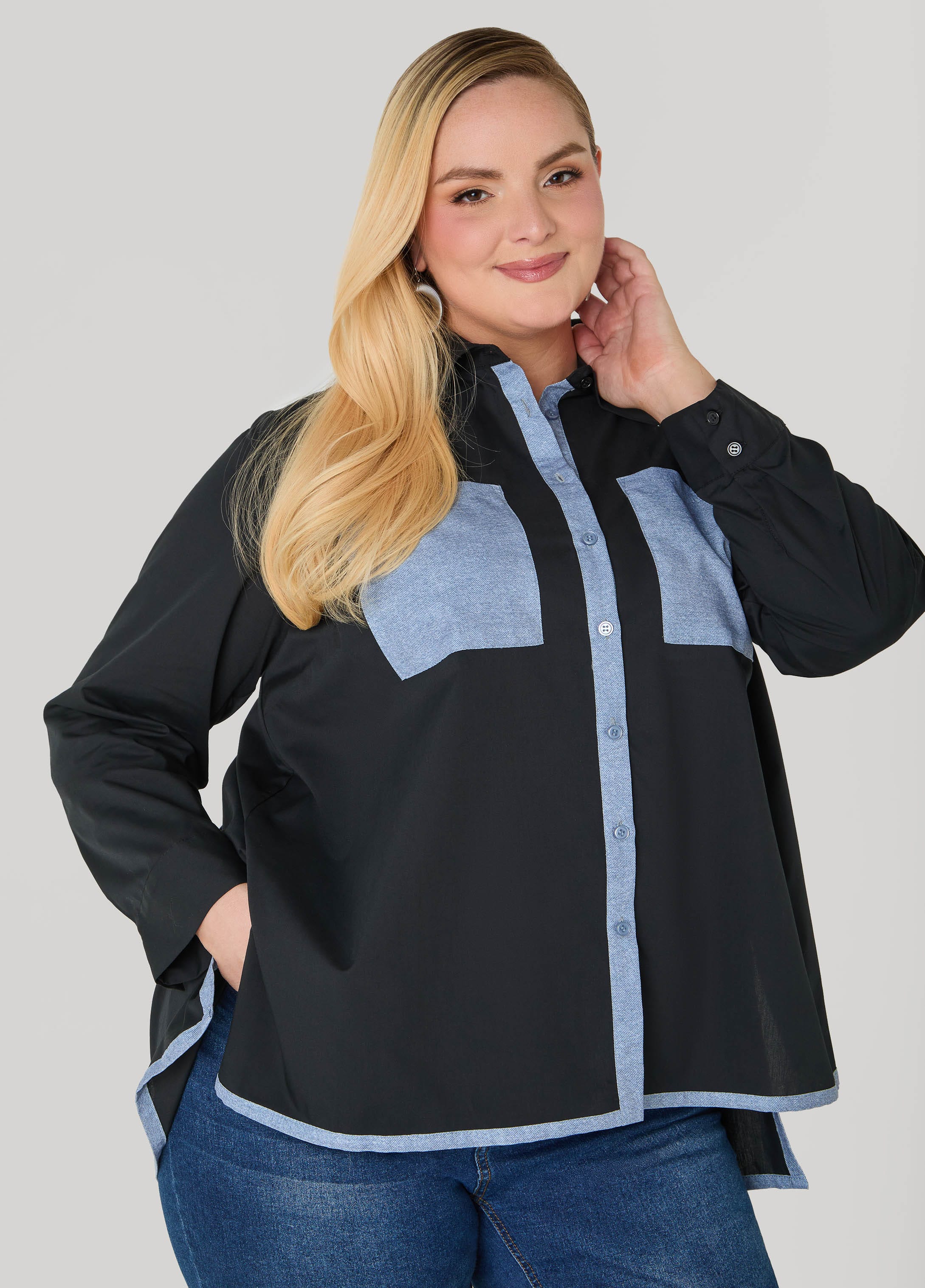 Denim Print Paneled Hi Low Shirt - Image 5