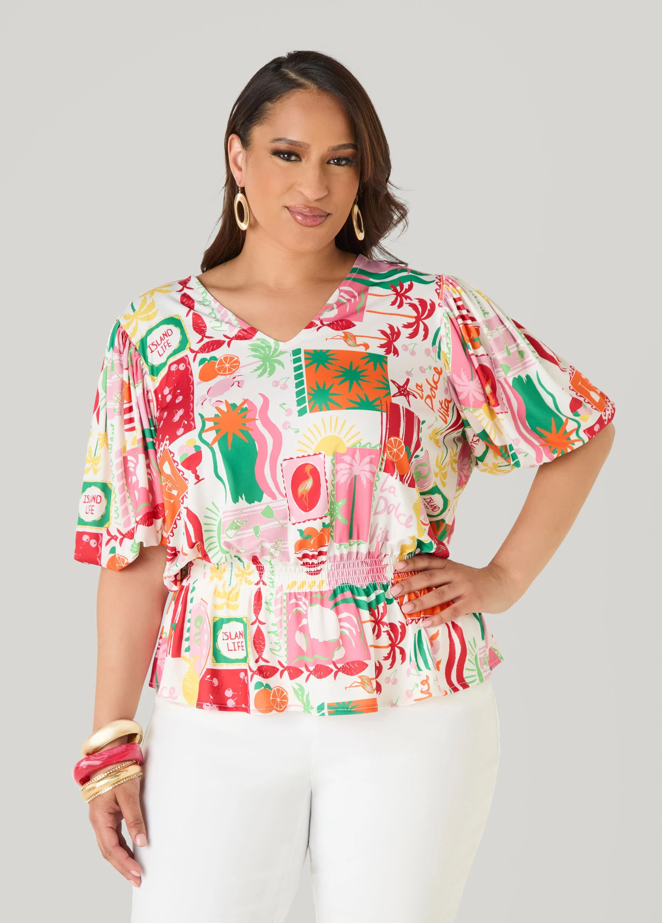 Island Print Bubble Sleeve Top - Image 3