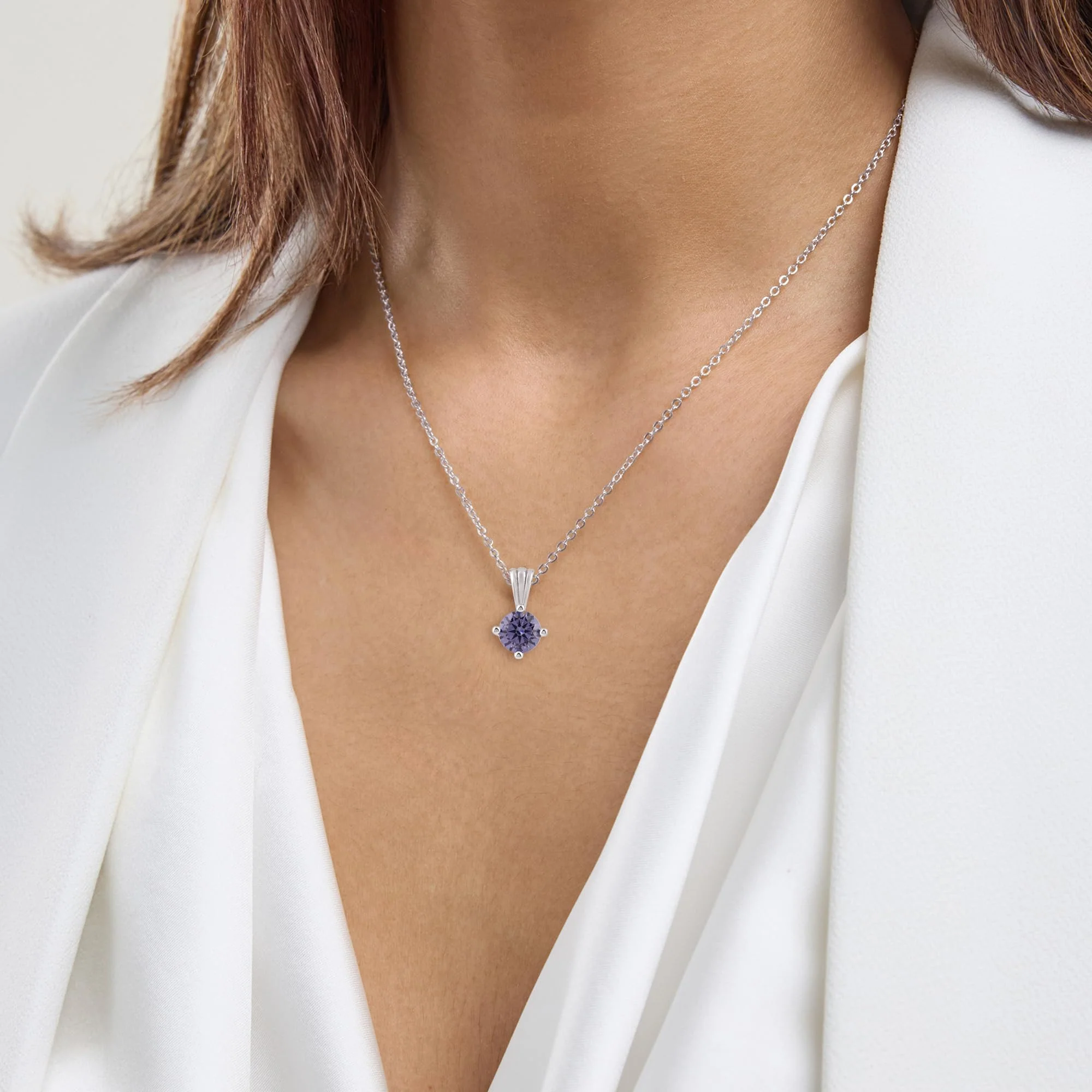 Gemstone Necklace in Sterling Silver, Round Pendant Size 6.5 * 6.5mm, 15" Cable Chain with 2" Extender, Gift Box Included - Apr, White Zircon - Image 37