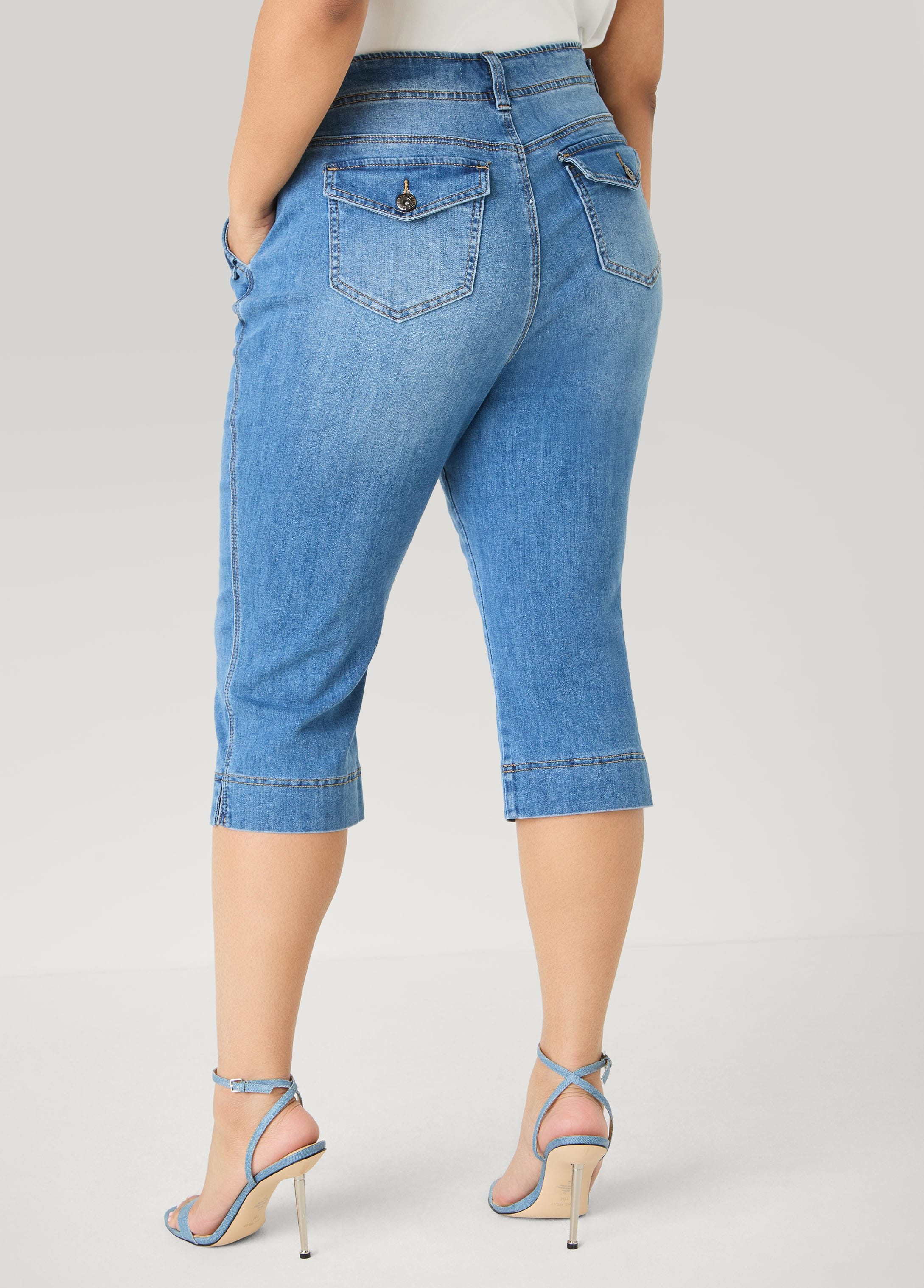 Flap Pocket Seamed Denim Capris - Image 2