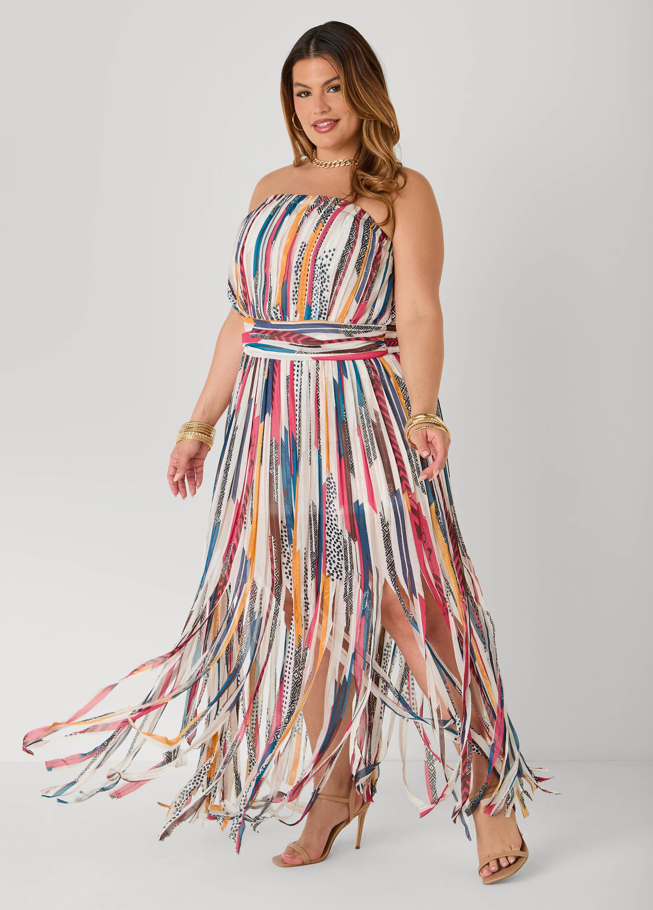 Printed Fringed Strapless Dress - Image 4