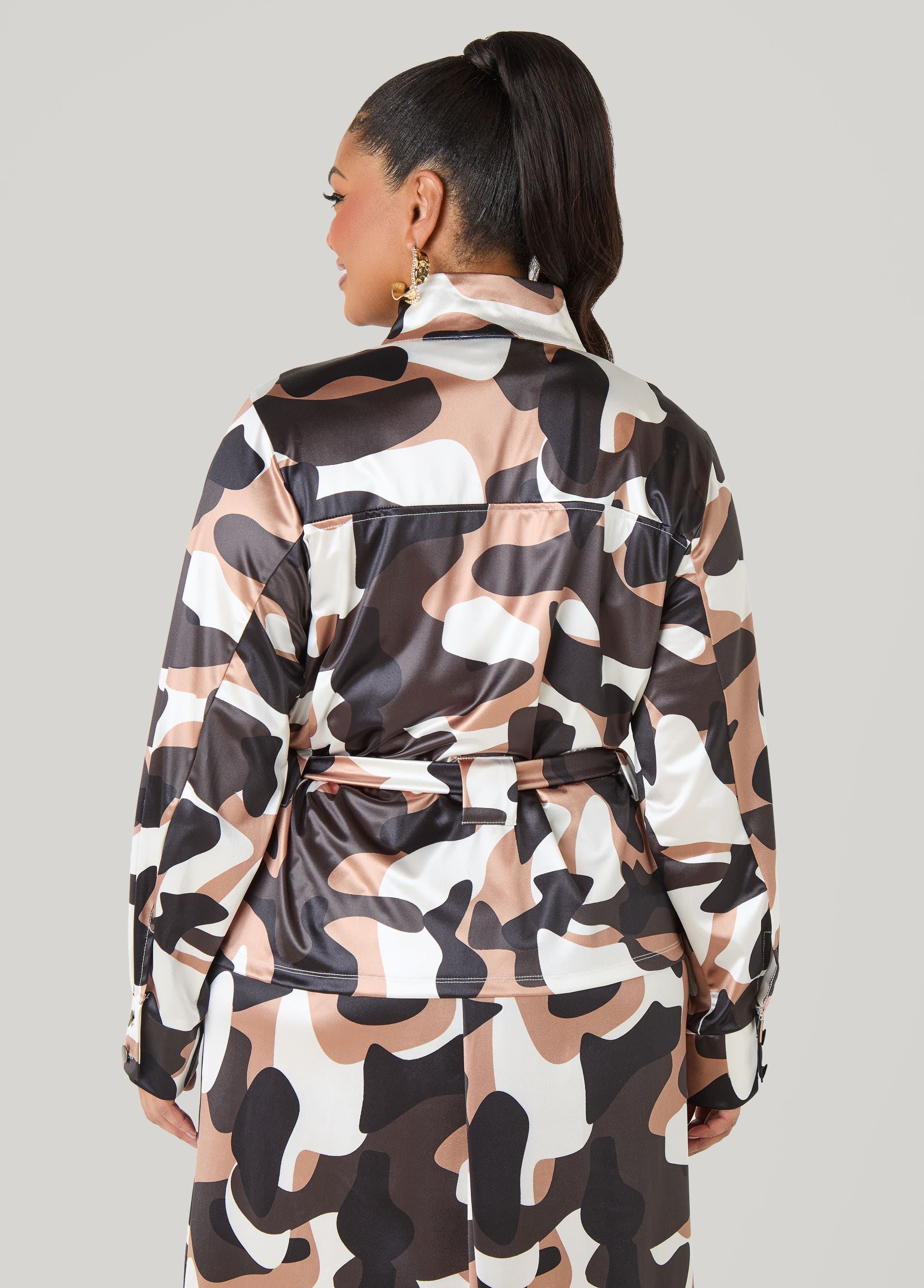 Belted Camo Print Satin Jacket - Image 2