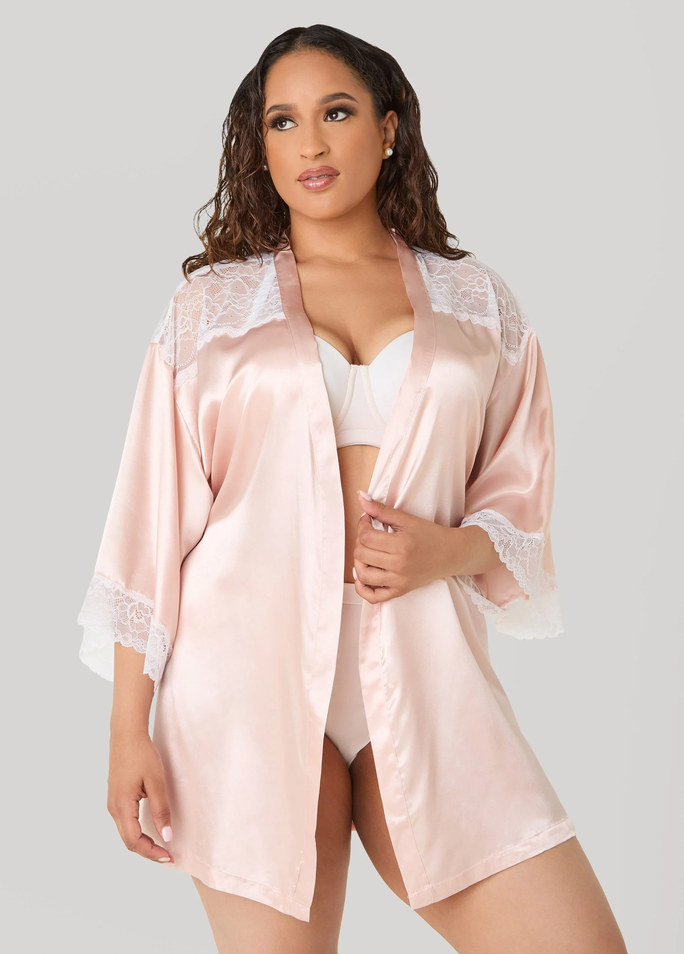 Two Tone Lace Paneled Satin Robe - Image 3