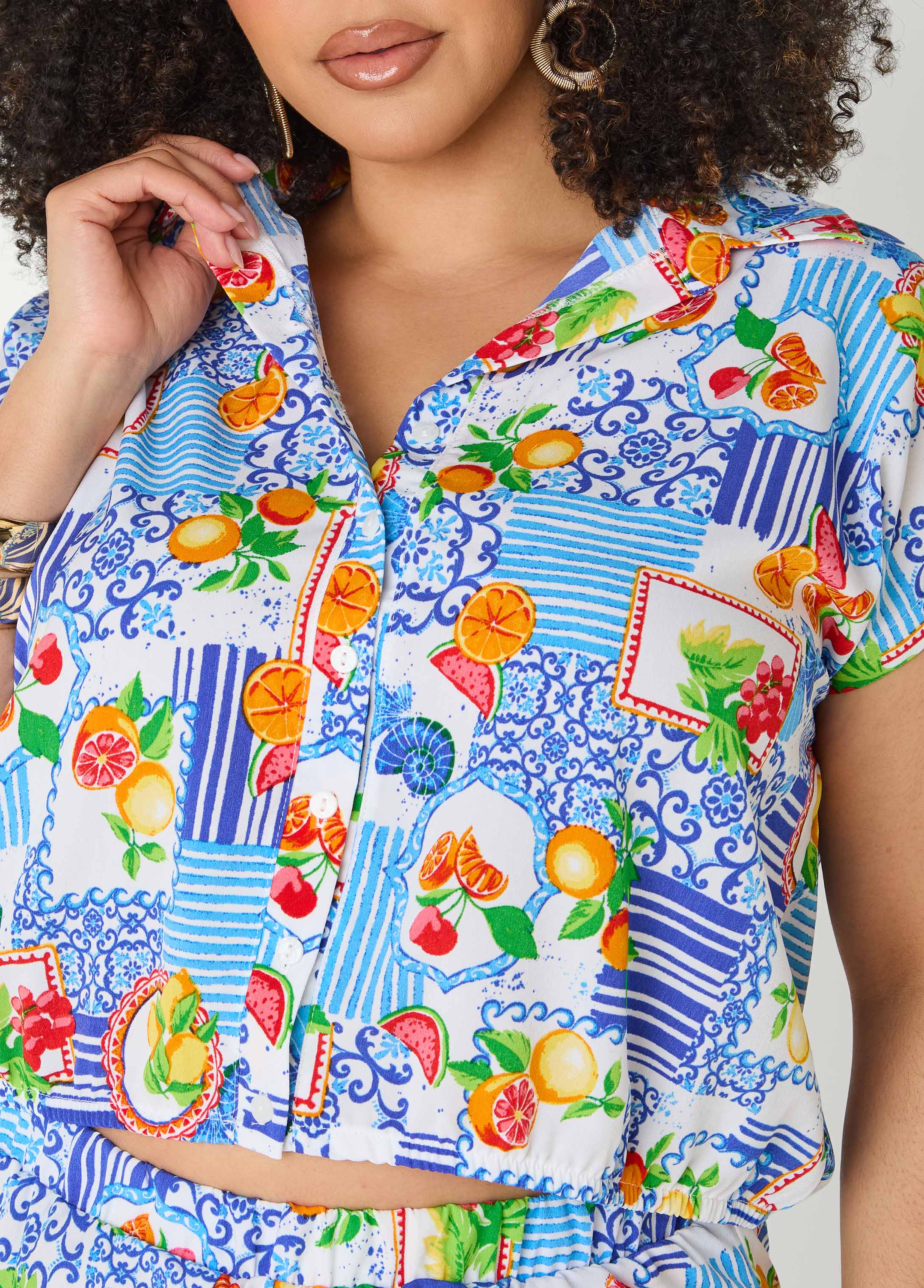Printed Button Front Cropped Shirt - Image 5