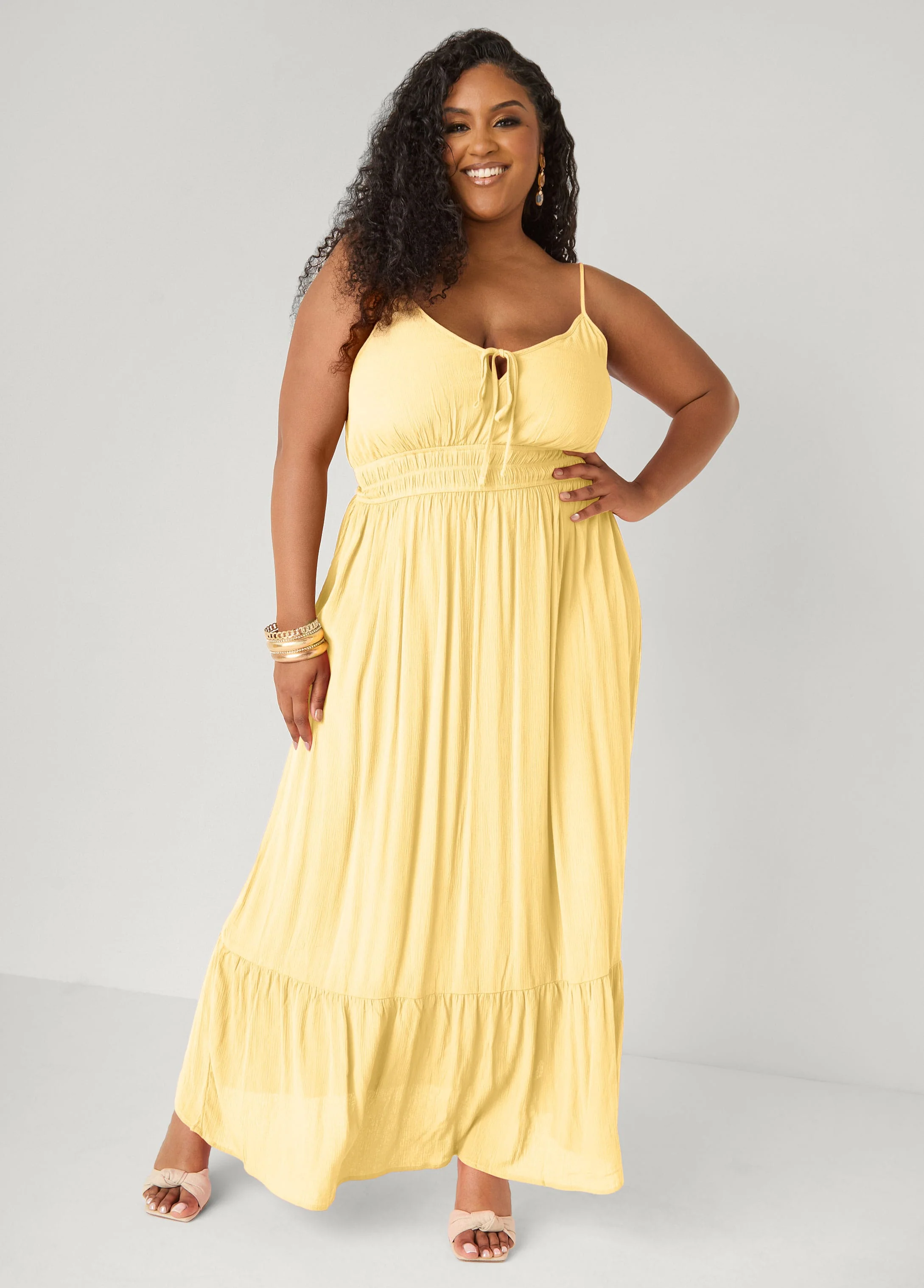 Smocked Tie Front Maxi Dress