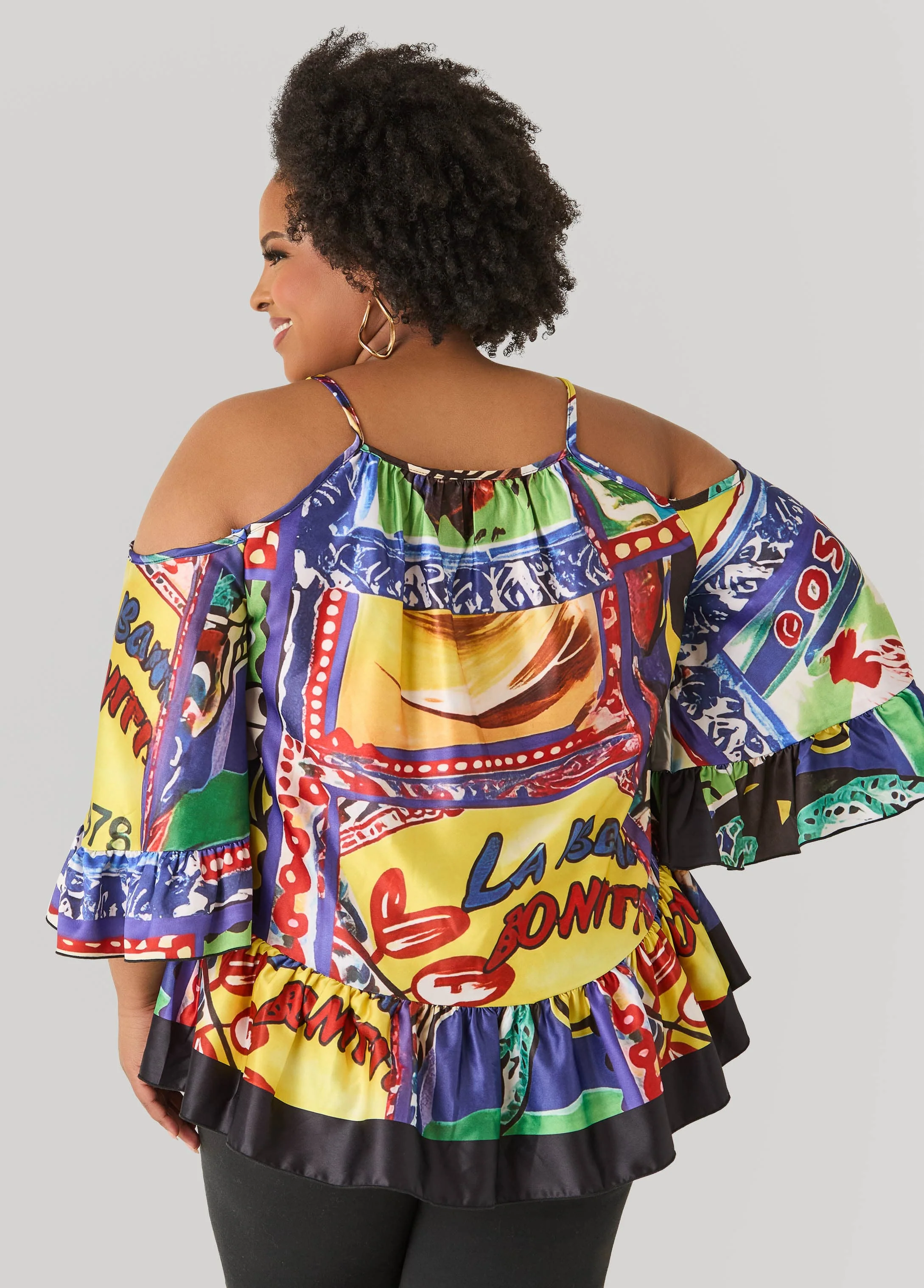 Printed Satin Cold Shoulder Blouse - Image 2