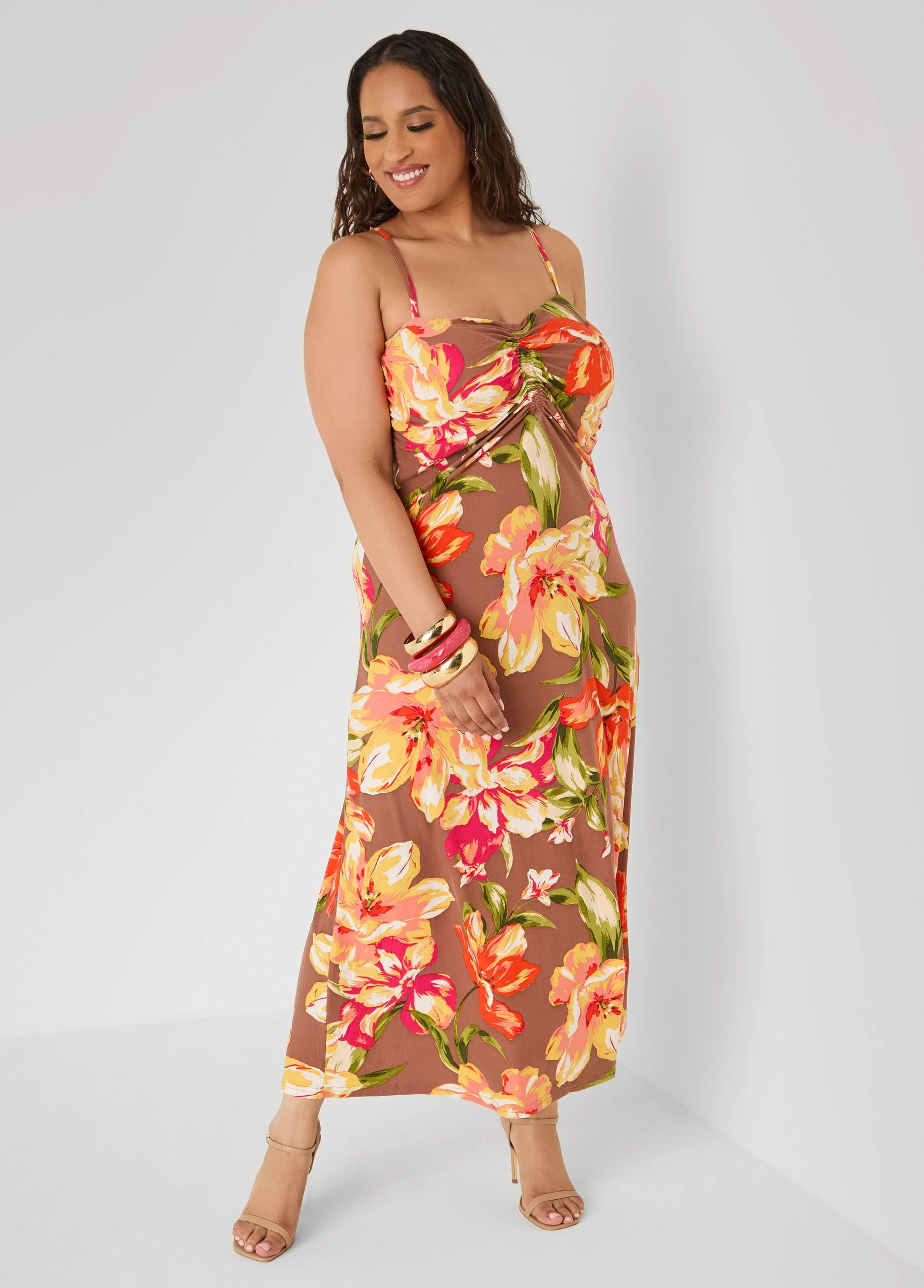 Ruched Floral Print Maxi Dress - Image 3