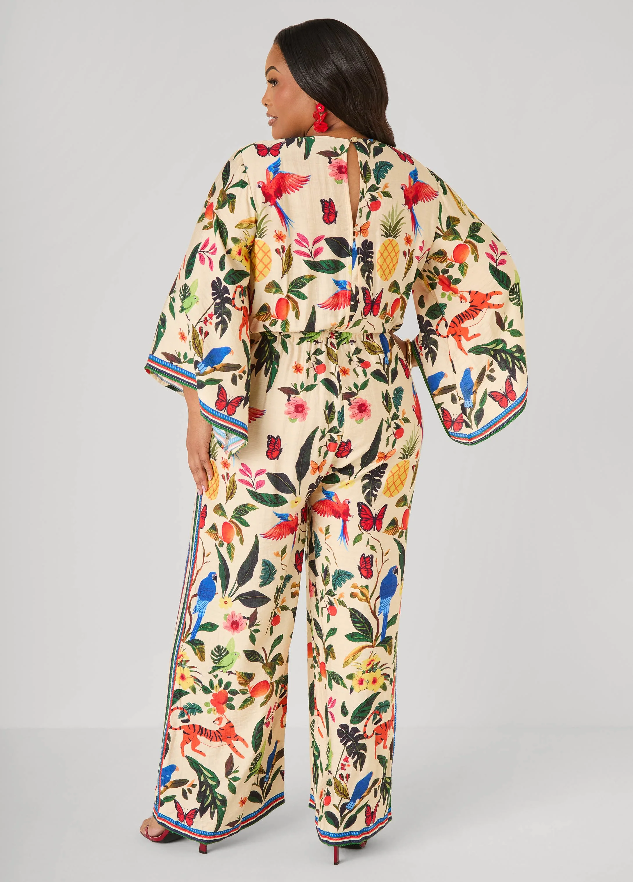 Tie Front Tropical Print Jumpsuit - Image 2
