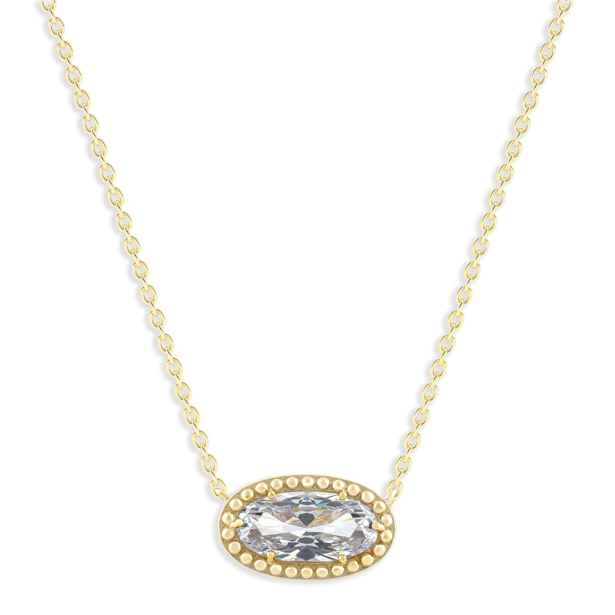 Oval Gemstone Necklace in 14K Gold Plated Sterling Silver, Oval Pendant Size 6 * 12mm, 15" Cable Chain with 2" Extender, Gift Box Included - Apr, White Zircon