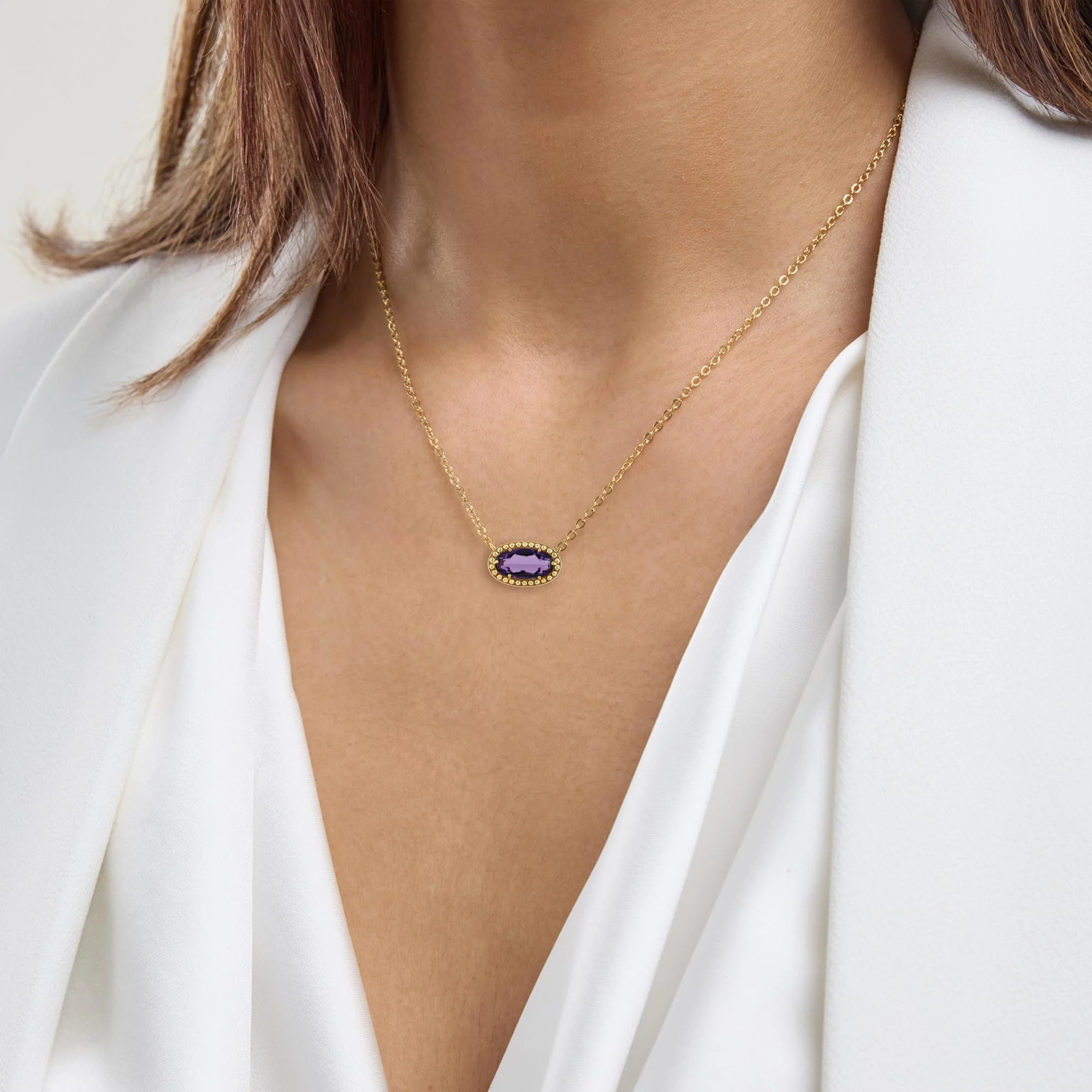 Oval Gemstone Necklace in 14K Gold Plated Sterling Silver, Oval Pendant Size 6 * 12mm, 15" Cable Chain with 2" Extender, Gift Box Included - Apr, White Zircon - Image 55
