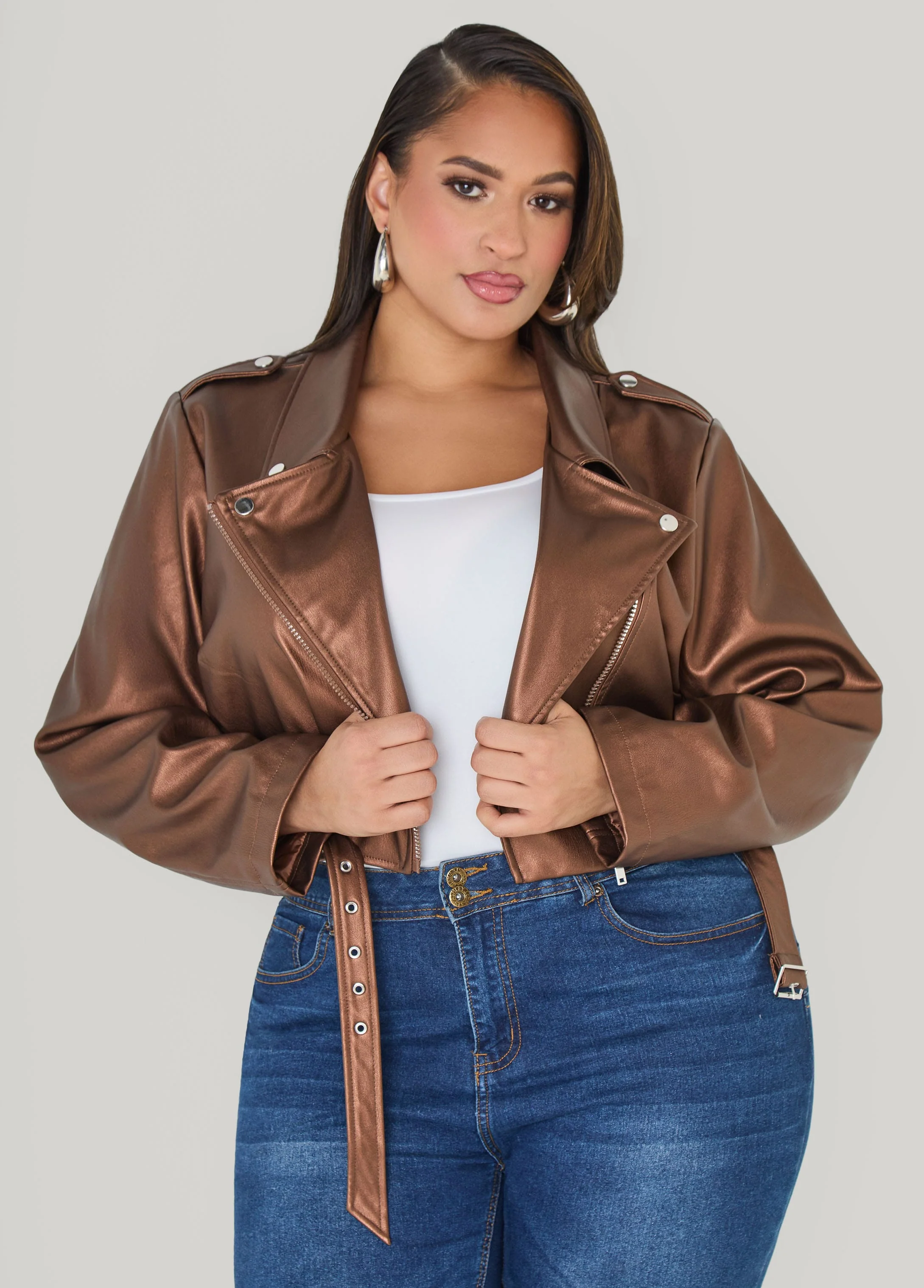 Cropped Faux Leather Moto Jacket - Image 9