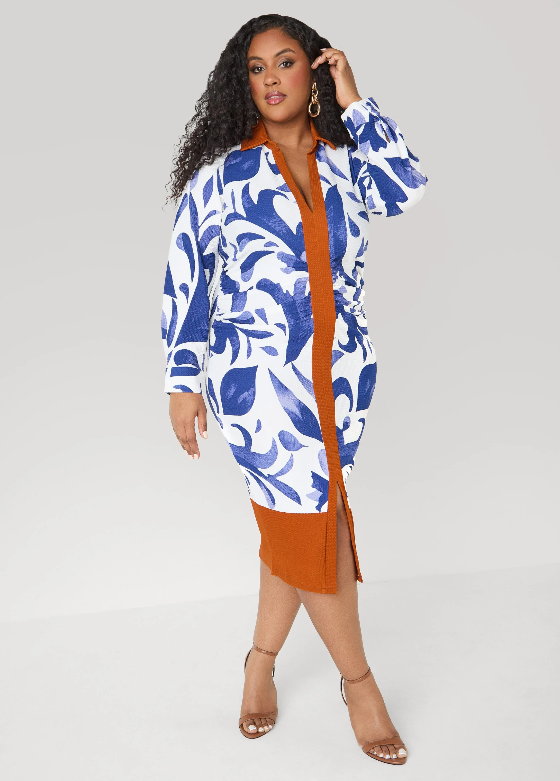 Ruched Leaf Print Bodycon Dress - Image 3