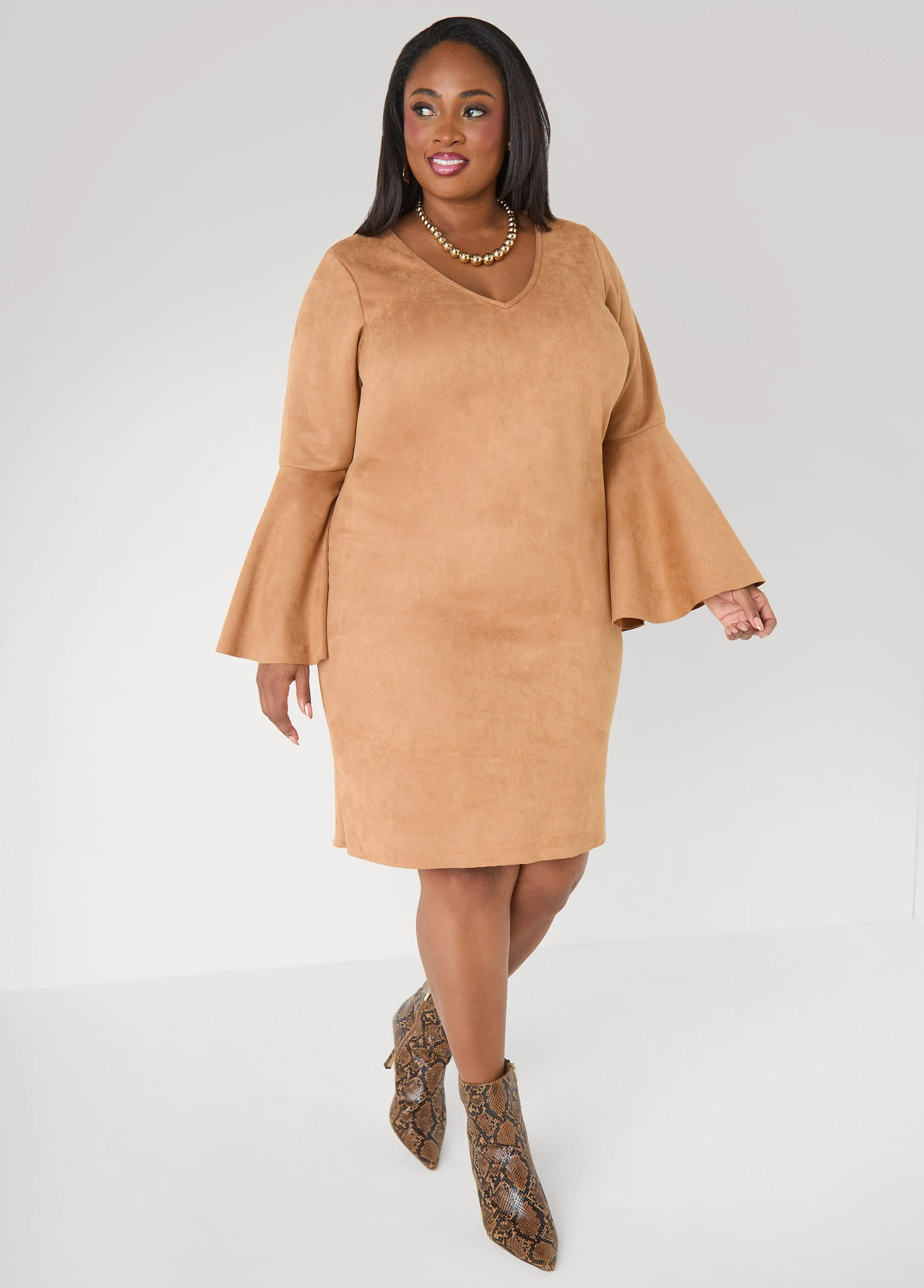 Bell Sleeved Faux Suede Dress - Image 11