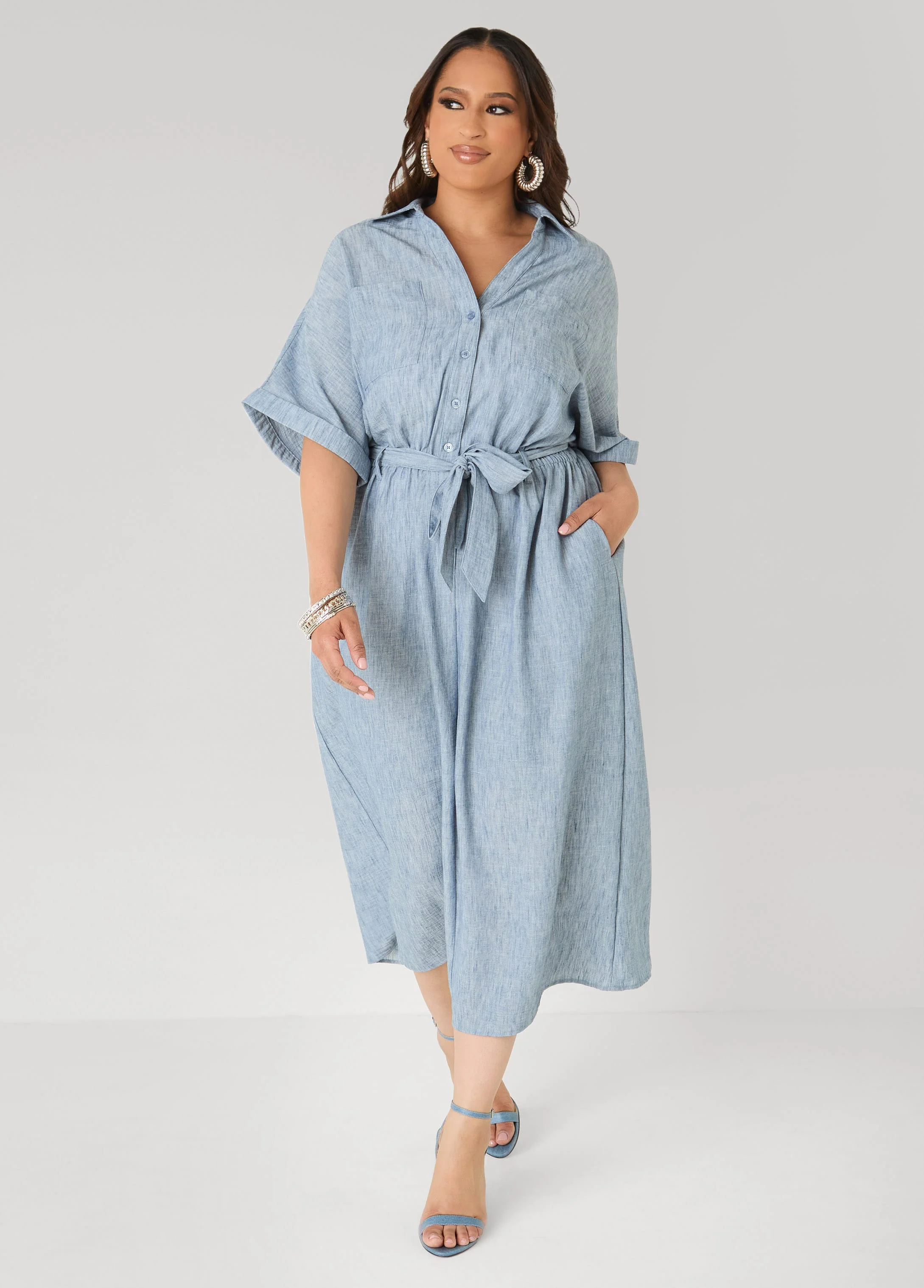 Collared Shirtdress with Tie Waist - Image 3
